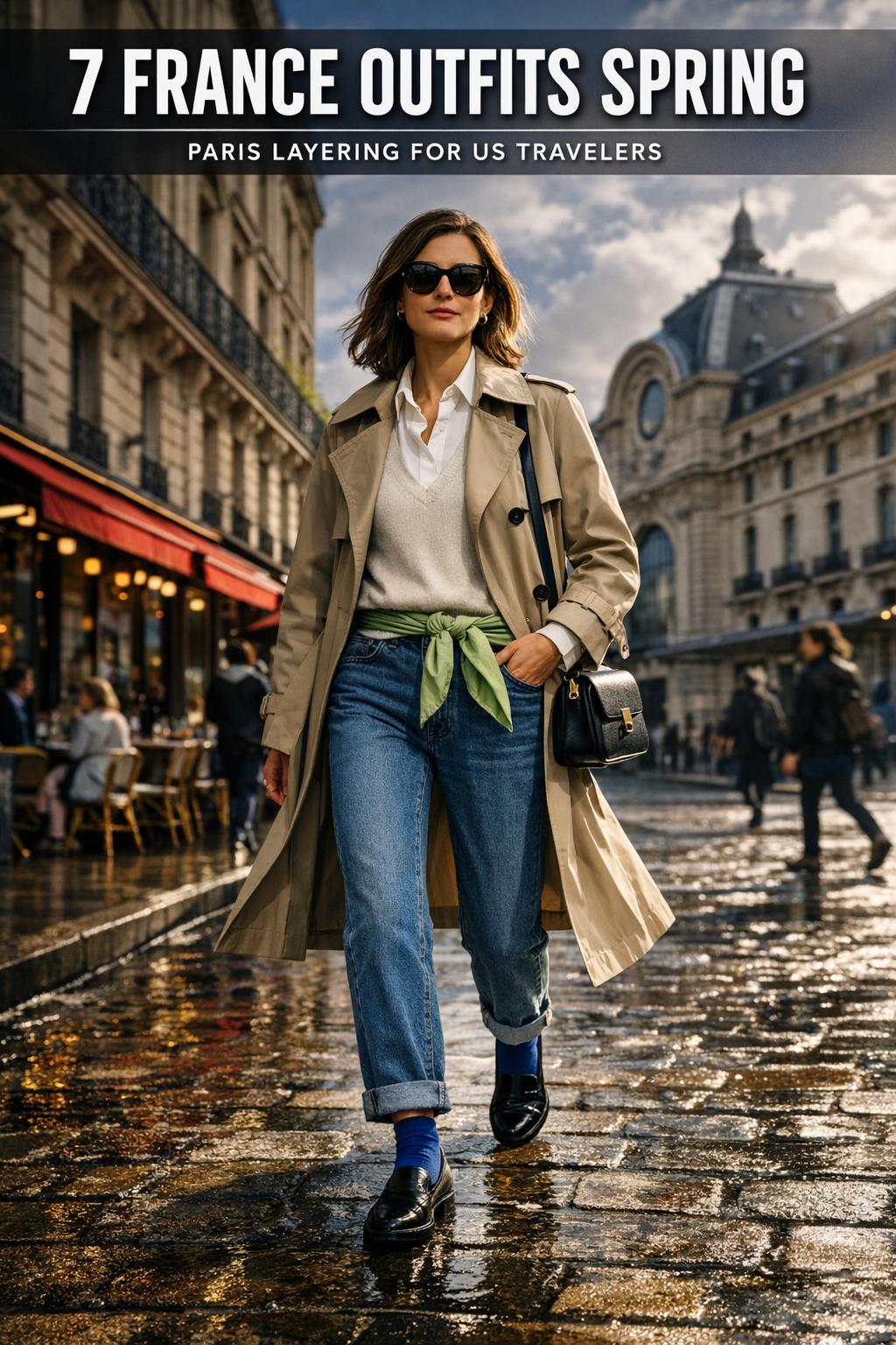 France outfits spring street style with light trench coat, striped top, and loafers in a Paris neighborhood