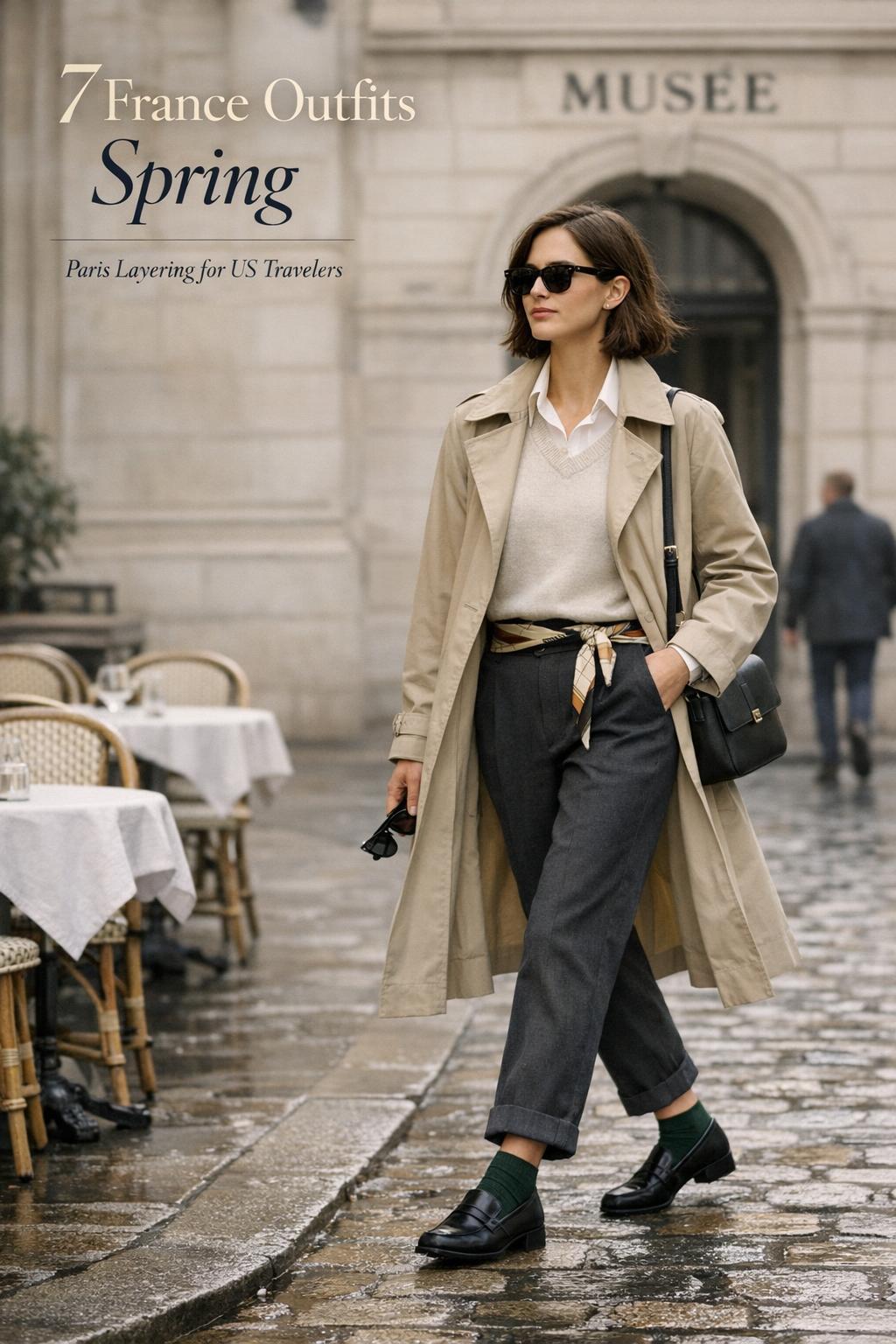 France outfits spring street style: chic woman in trench coat walking a rainy Paris street by museum and cafe tables