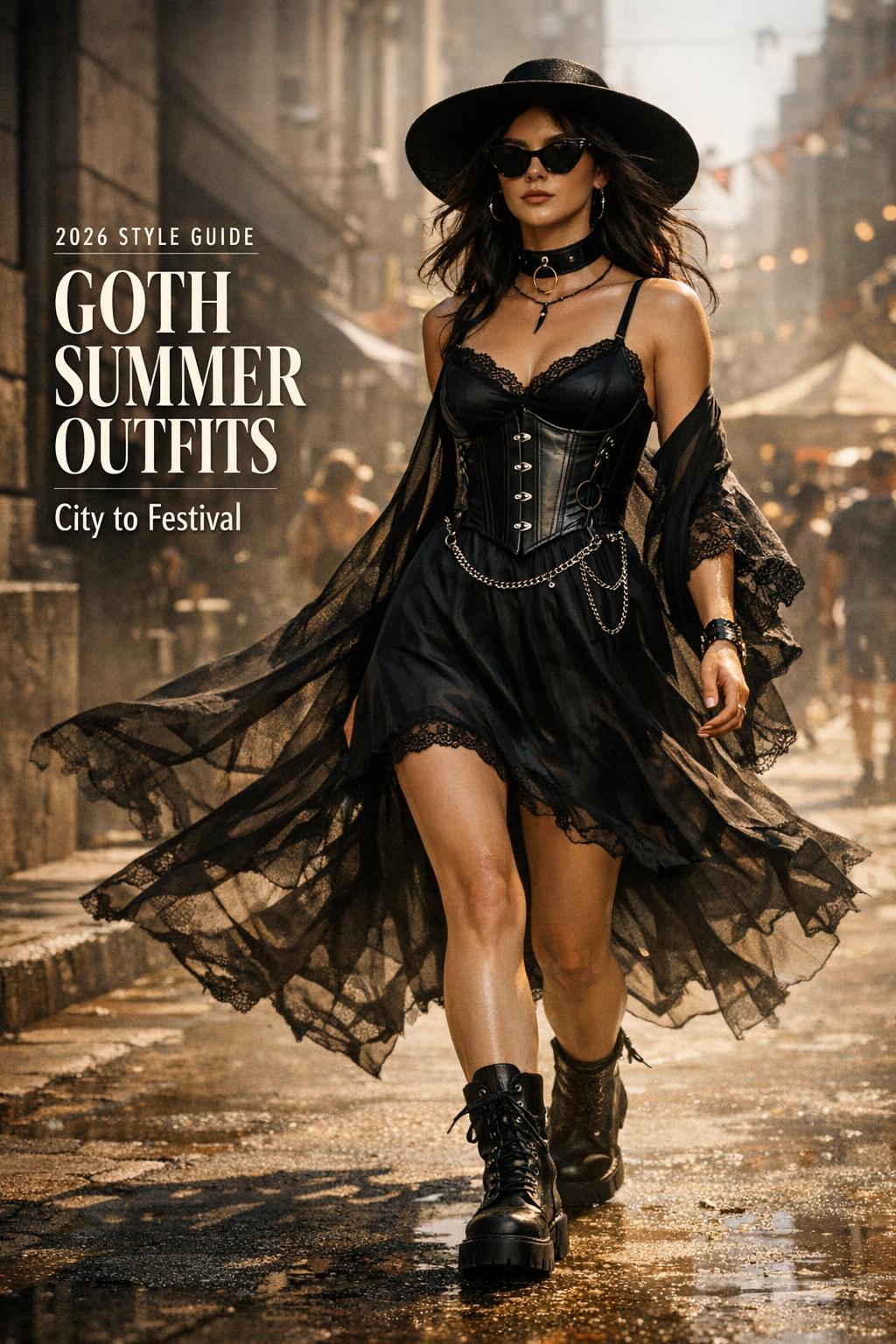 Goth summer outfits editorial photo of model in black lace slip dress and boots on sunlit city street with festival text overlay