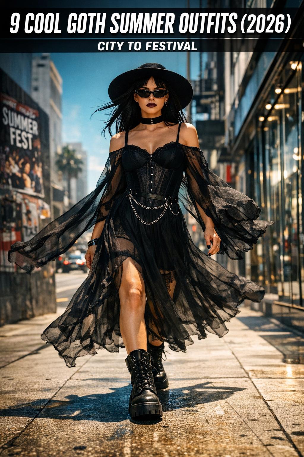 Goth summer outfits styled on a model in black lace and layered accessories under warm sunlight