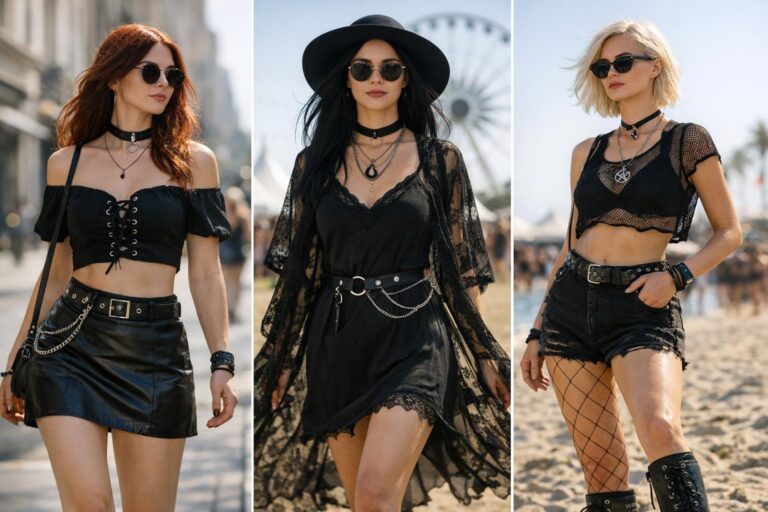 Goth summer outfits look with black maxi dress, choker, and combat boots on a sunny city street