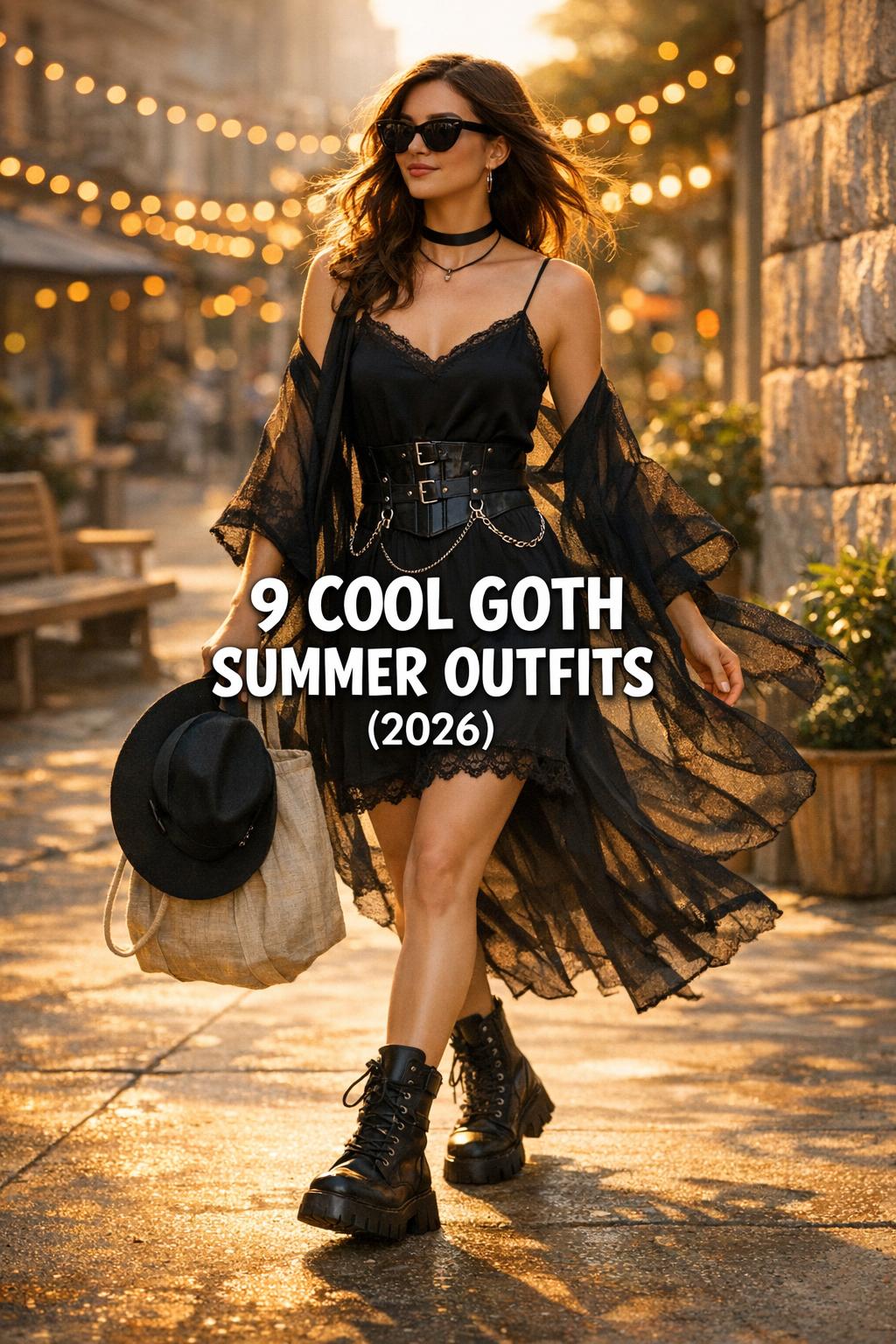 Goth summer outfits on a golden-hour city street, model in black slip dress, sheer kimono and combat boots near festival lights.