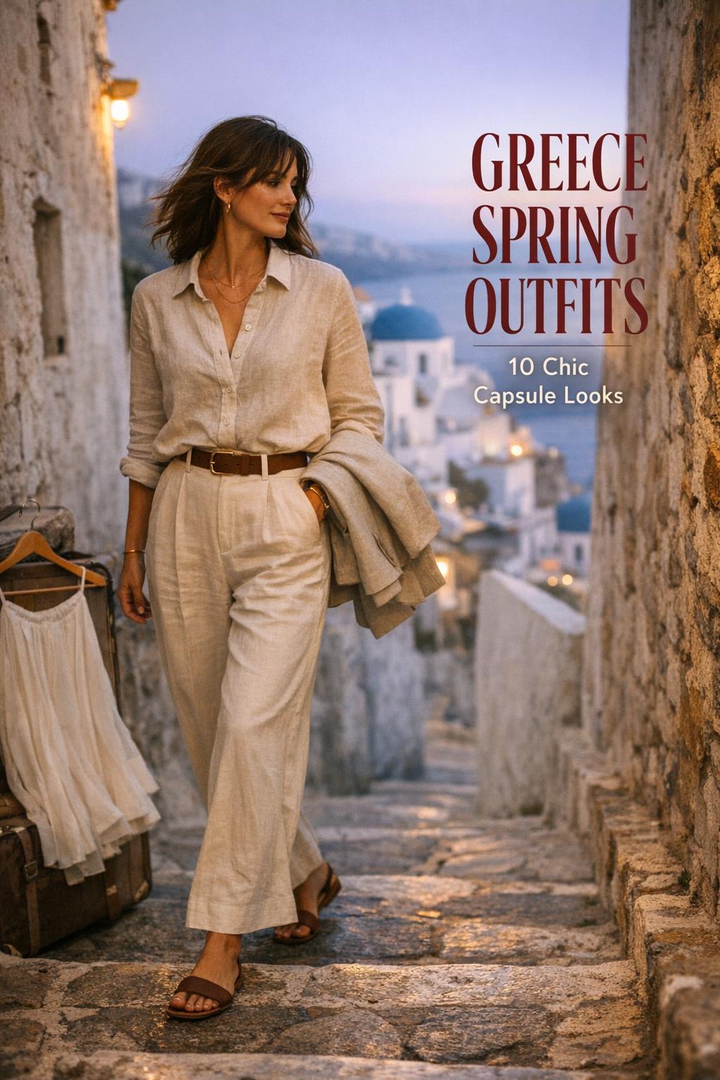 Greece spring outfits travel photo of a stylish traveler walking an Athens stone street at golden hour with Aegean views