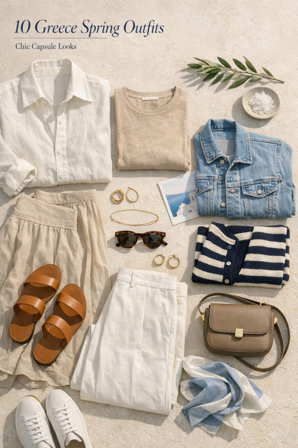 Greece spring outfits flat lay with linen shirt, wide-leg trousers, sandals, sneakers and accessories on travertine in sunlight