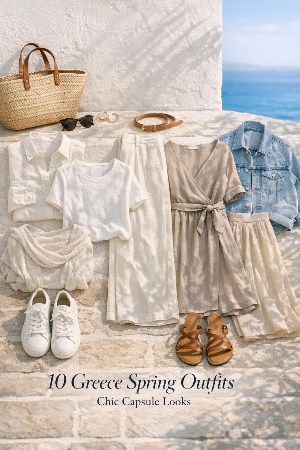 Greece spring outfits flat lay on sunlit Mediterranean terrace with linen layers, sandals, straw tote and Aegean blue accents