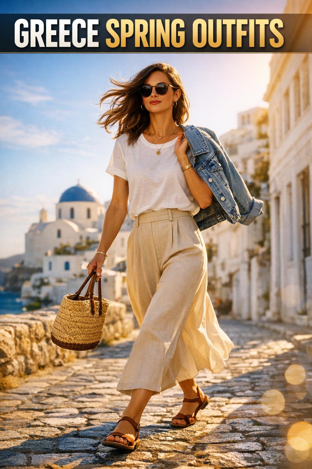 Greece spring outfits styled for a sunny day with light layers and neutral tones in a charming Greek street
