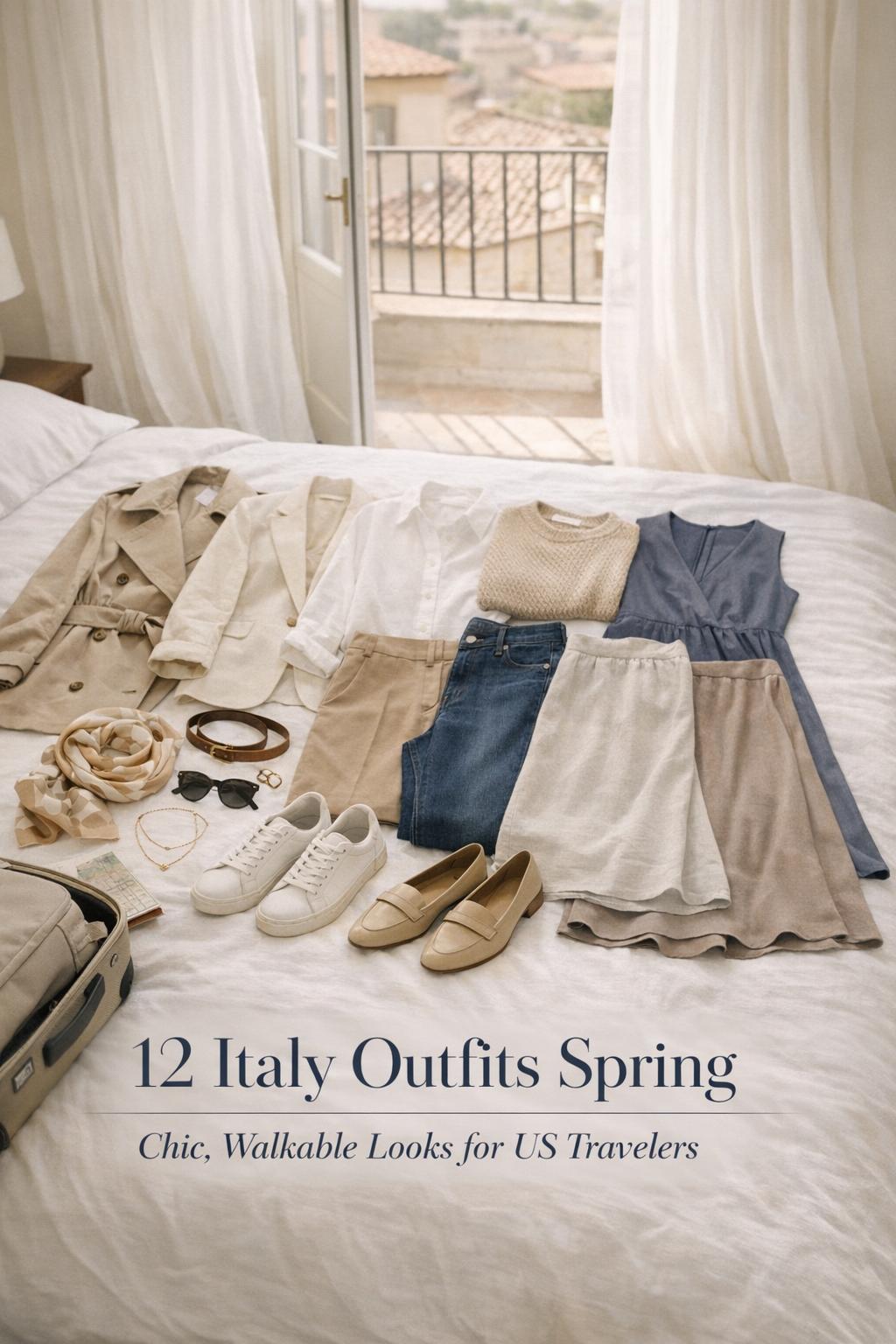 Italy outfits spring capsule wardrobe on a white bed in a bright Italian hotel room with suitcase and accessories