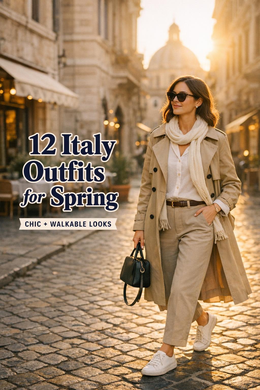 Italy outfits spring: stylish traveler in beige trench walking a sunlit Italian cobblestone street at golden hour