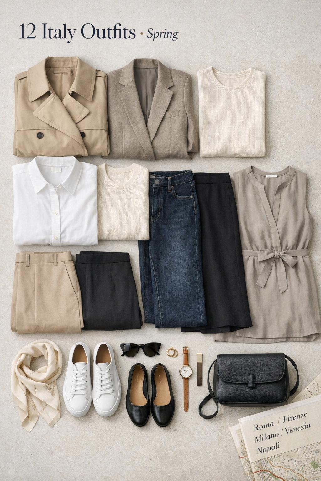 Italy outfits spring flat-lay of neutral travel wardrobe essentials, shoes, accessories, and subtle Roma map on stone tabletop