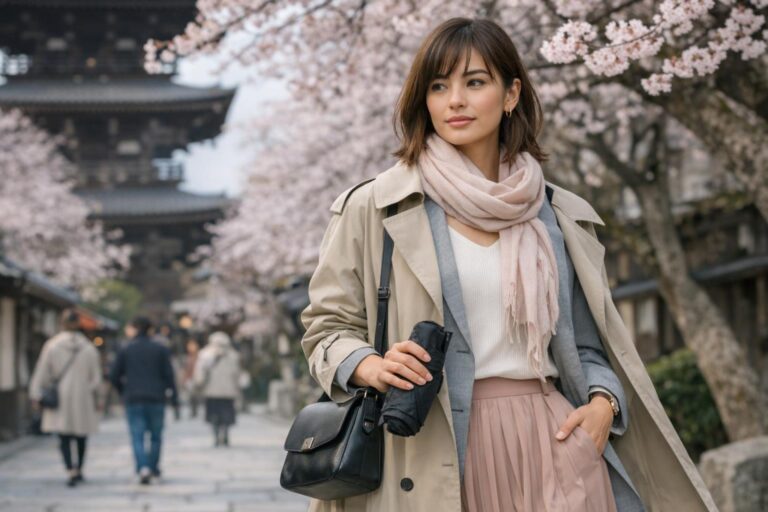 Japan outfits spring traveler in trench coat and blush scarf walking under cherry blossoms in Tokyo park