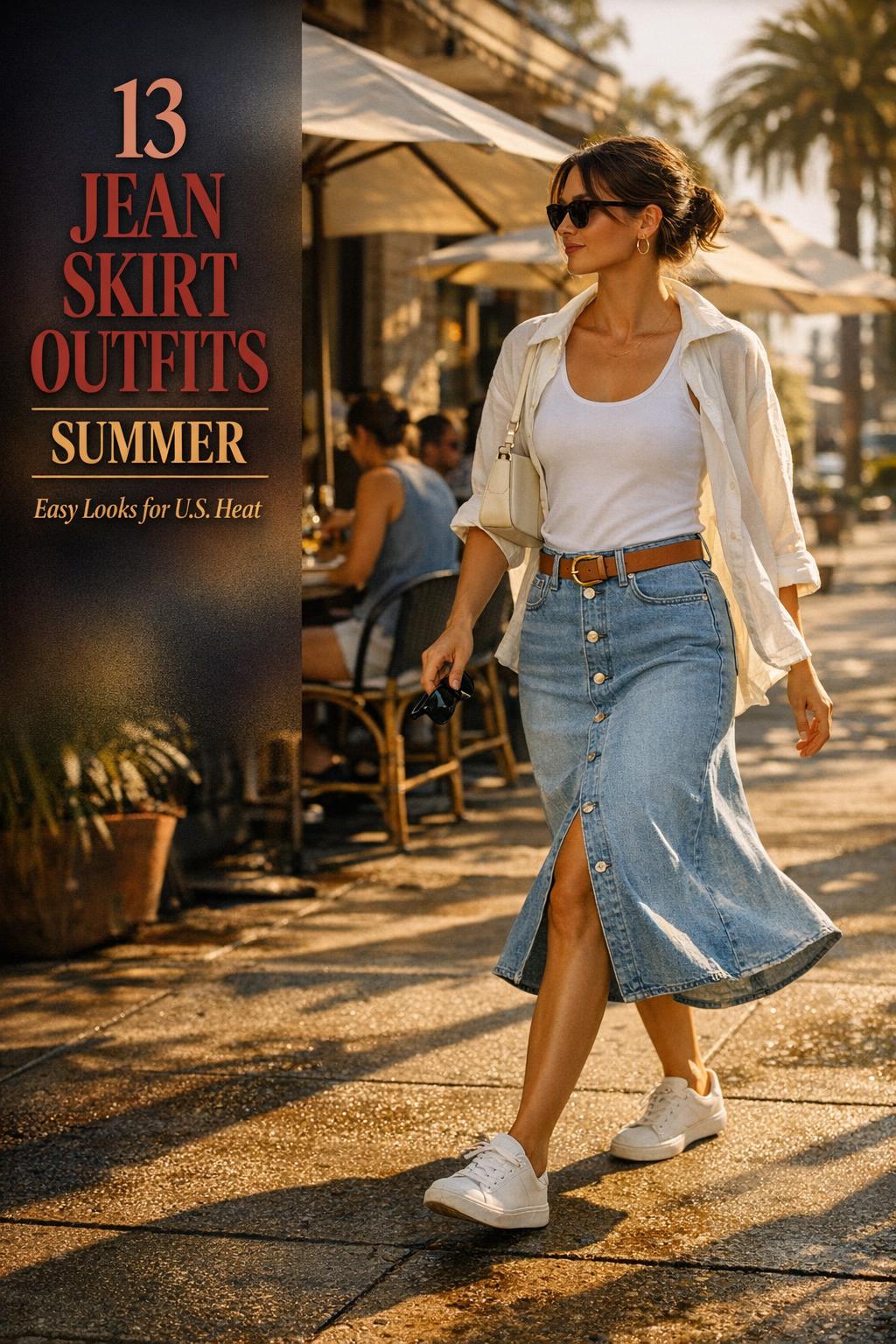 Jean skirt outfits summer look: woman in light-wash denim midi skirt and white tank walking by a sunlit brunch patio