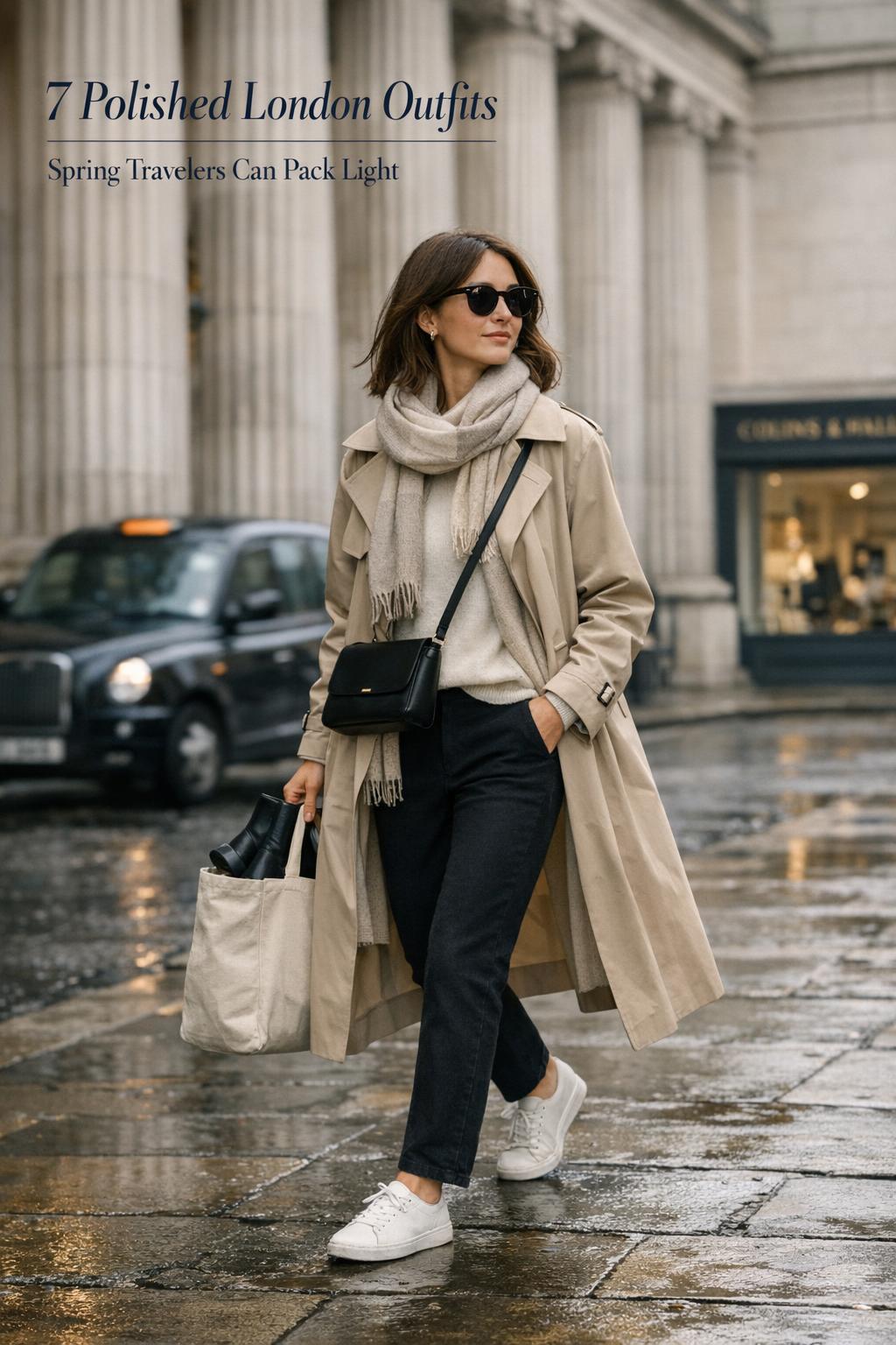 london outfits spring: stylish traveler in trench coat walking past a London museum facade on a wet street