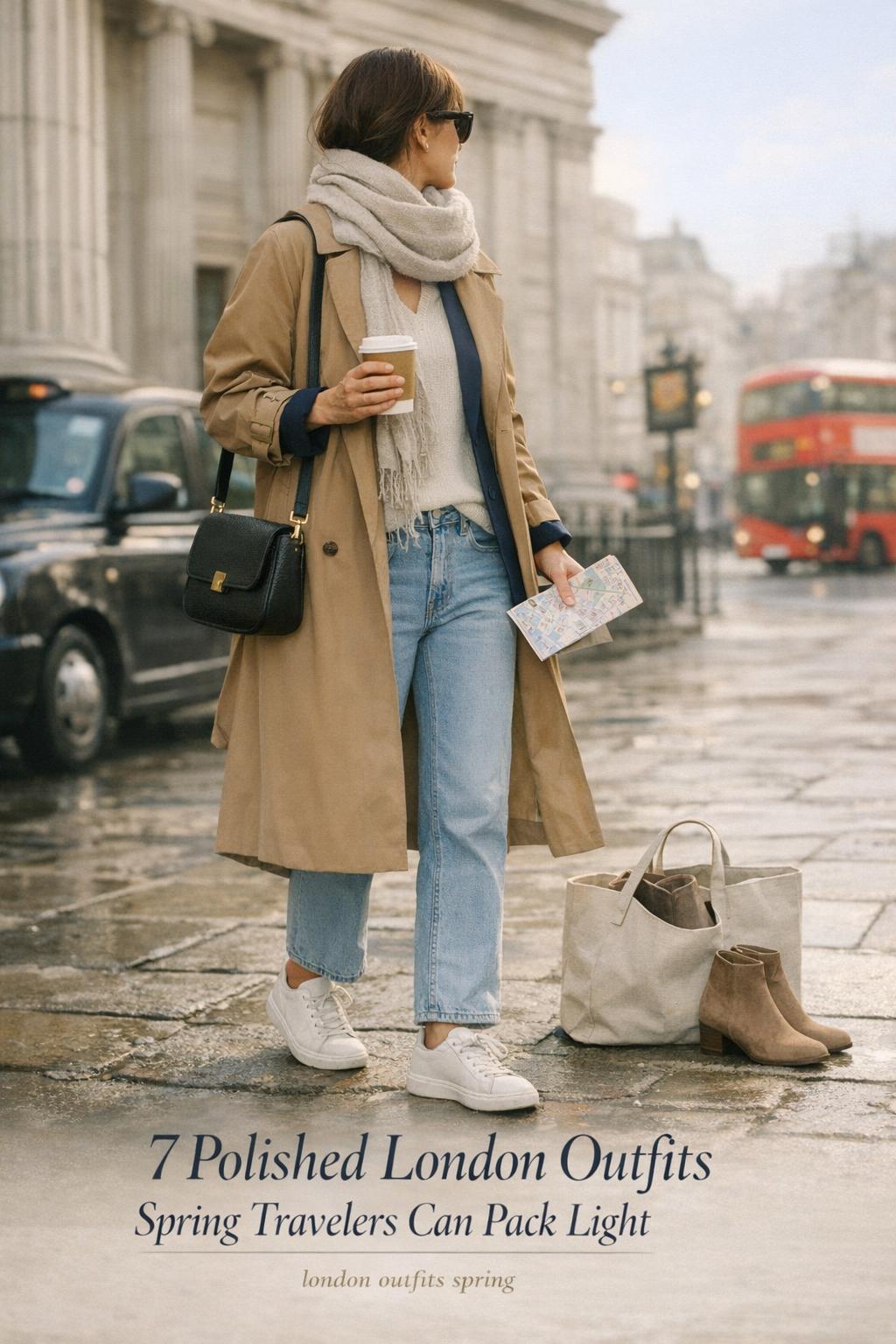 Stylish traveler in trench coat by museum with cab and bus, coffee and map, london outfits spring