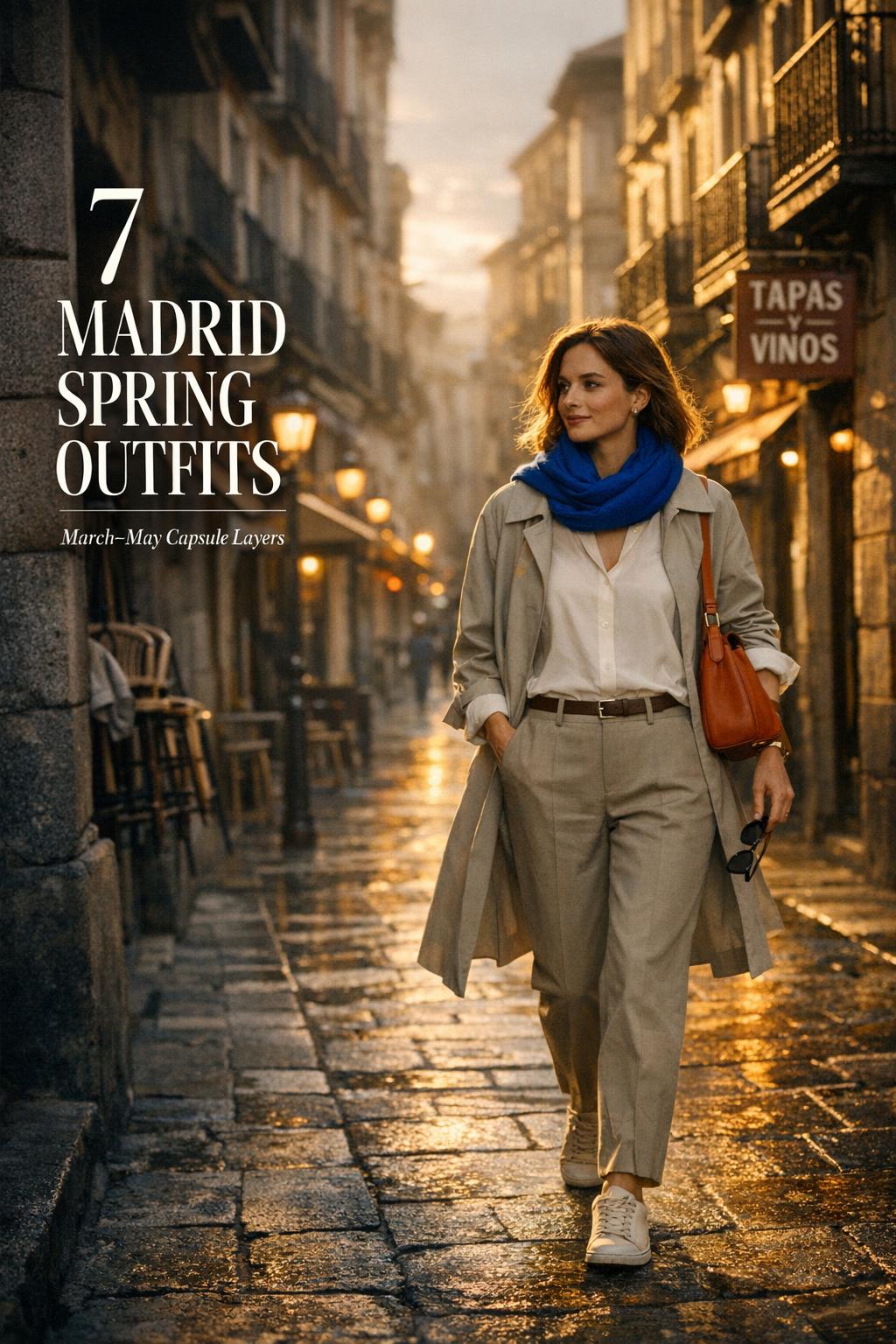 Madrid spring outfits guide: elegant traveler in capsule layers on a moody golden-hour street near Plaza Mayor