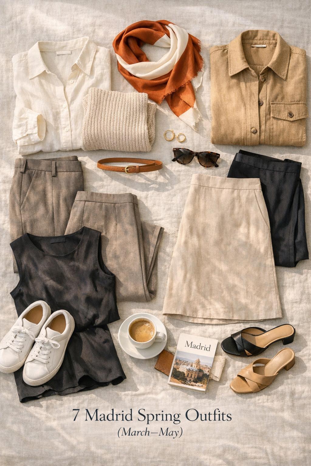 Madrid spring outfits flat lay on sunlit linen with neutral capsule wardrobe, scarf accent, and Madrid travel guide