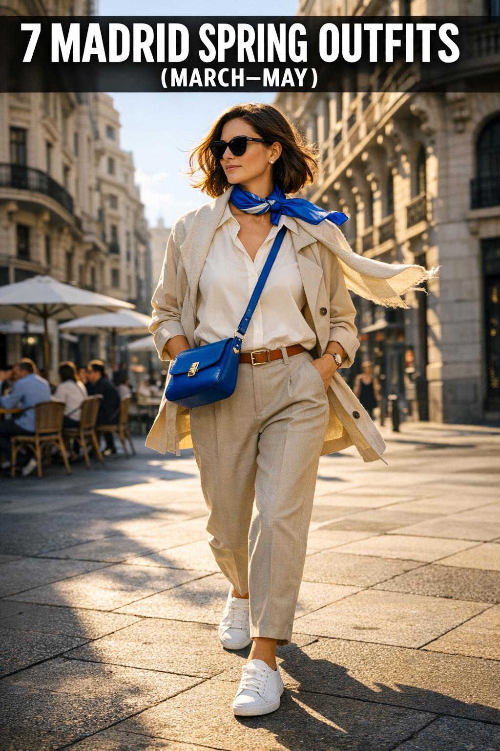 Street-style photo of Madrid spring outfits with light layers and neutral tones in a sunny city setting.