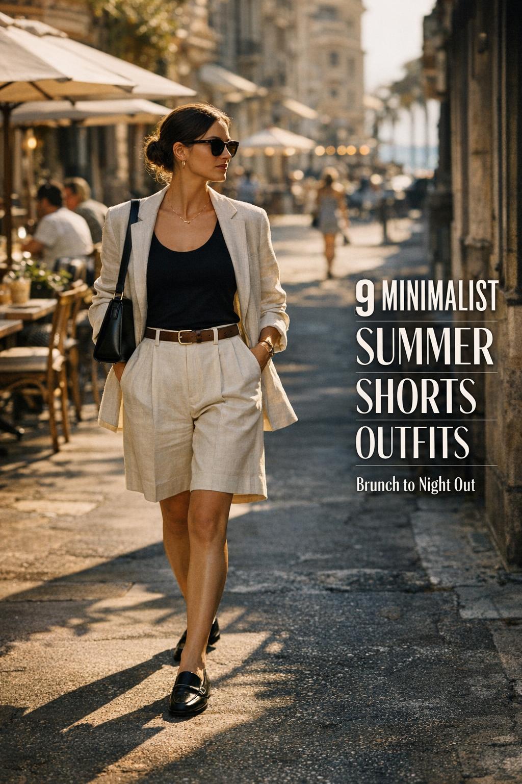Minimalist woman in ivory Bermuda shorts walking at golden hour, featuring summer shorts outfits text overlay