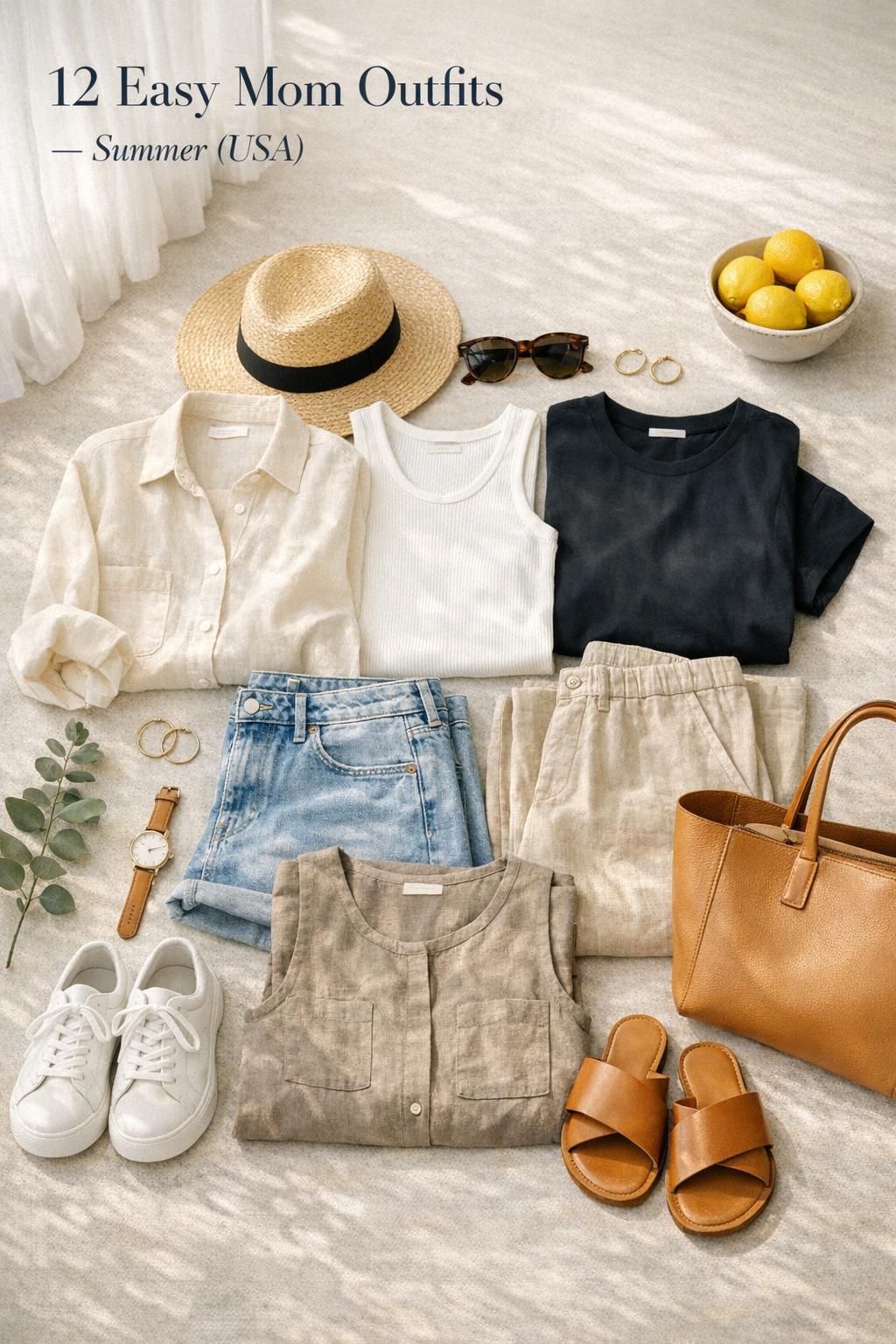 Mom outfits summer flat lay with neutral capsule wardrobe, sneakers, sandals, straw hat, tote, and lemons in sunlit entryway