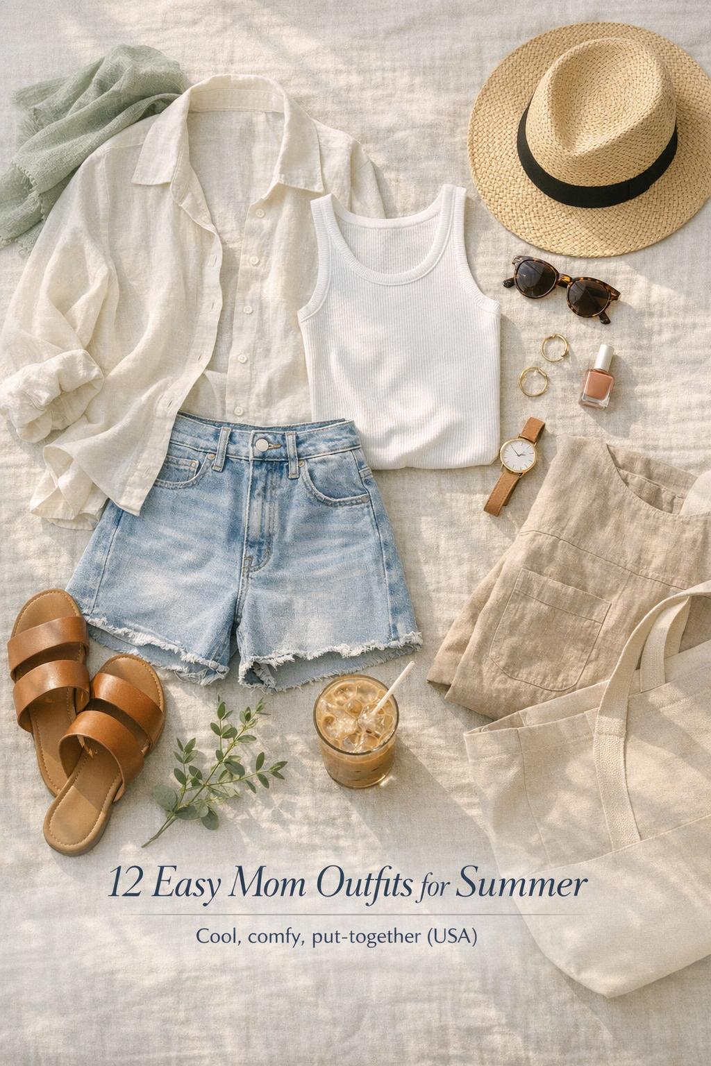 Mom outfits summer flat lay with linen shirt, tank, denim shorts, straw hat, sneakers, tote, iced coffee in soft light