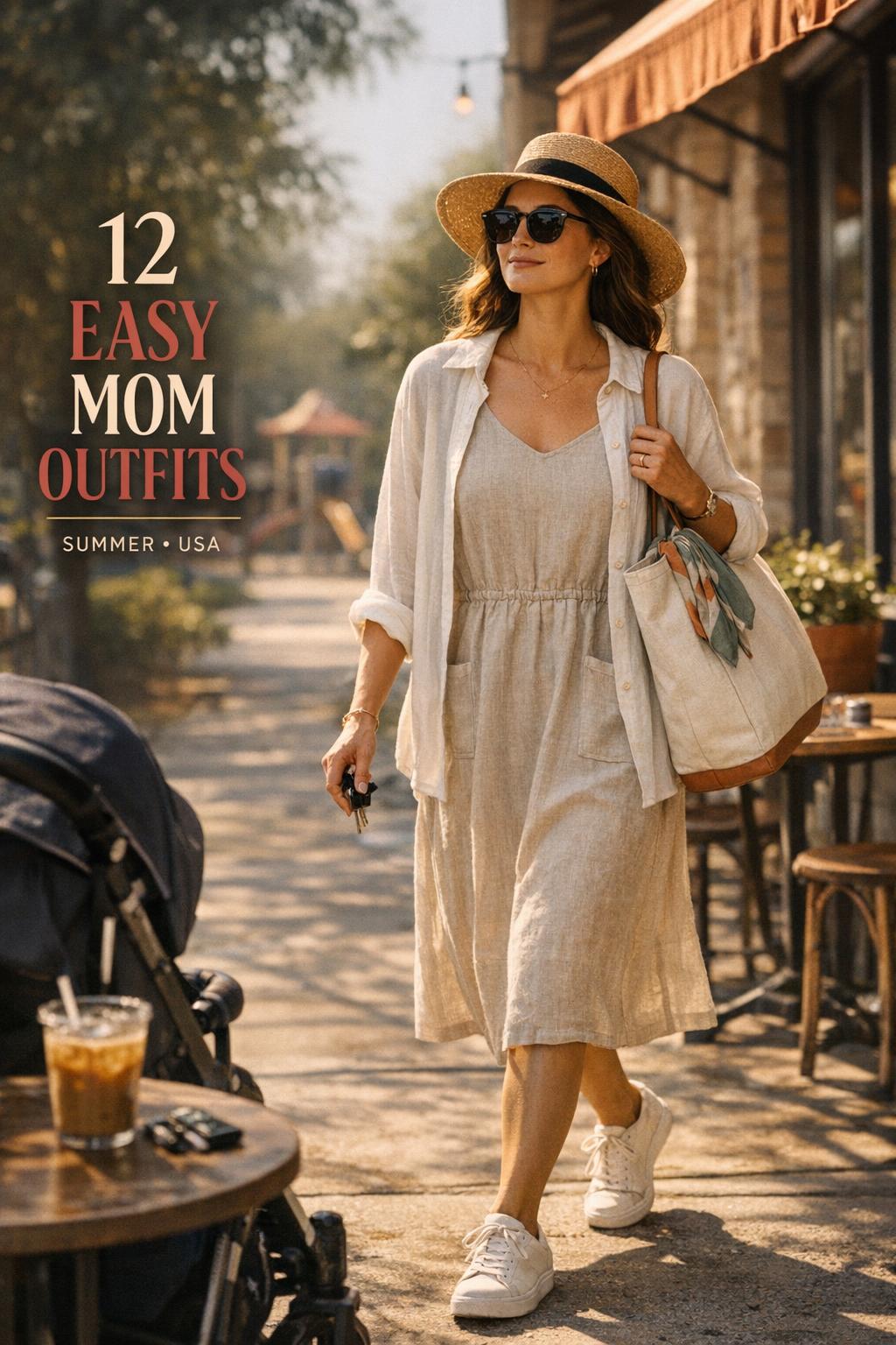 Mom outfits summer: stylish mom in linen midi dress leaving a suburban cafe patio with tote, stroller, and iced coffee