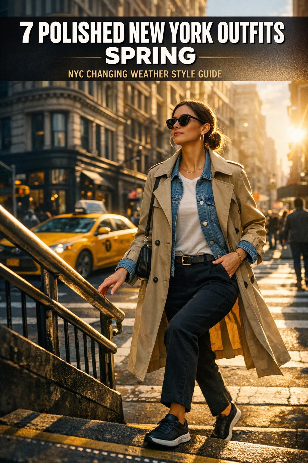 New York outfits spring street style with a lightweight trench coat and sneakers in Manhattan