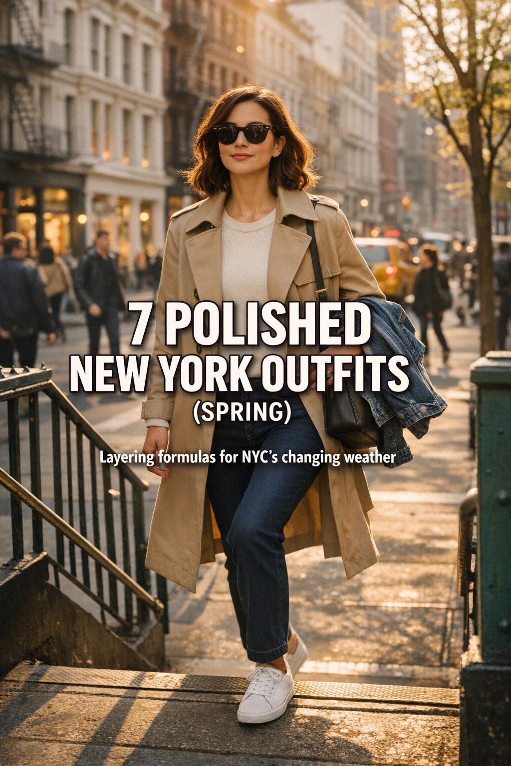 New York outfits spring Pinterest cover of woman in trench coat and sneakers walking up SoHo subway stairs at golden hour