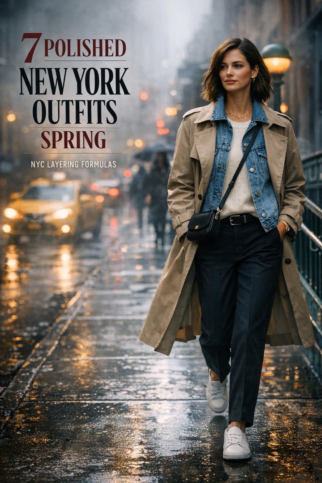 New york outfits spring: stylish woman in trench coat walking in SoHo on a misty day with wet pavement reflections