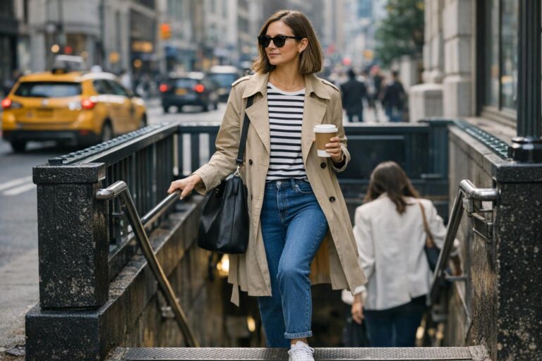 New york outfits spring look with trench coat, tee, straight-leg jeans, and walkable sneakers on a NYC street