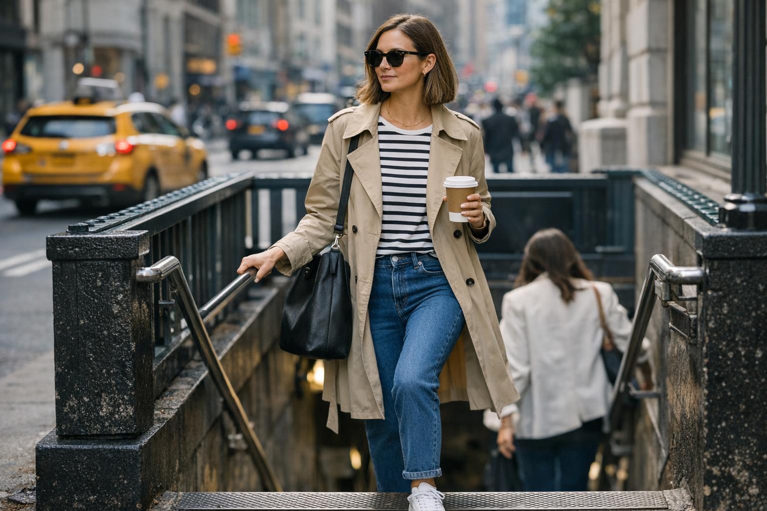 New york outfits spring look with trench coat, tee, straight-leg jeans, and walkable sneakers on a NYC street