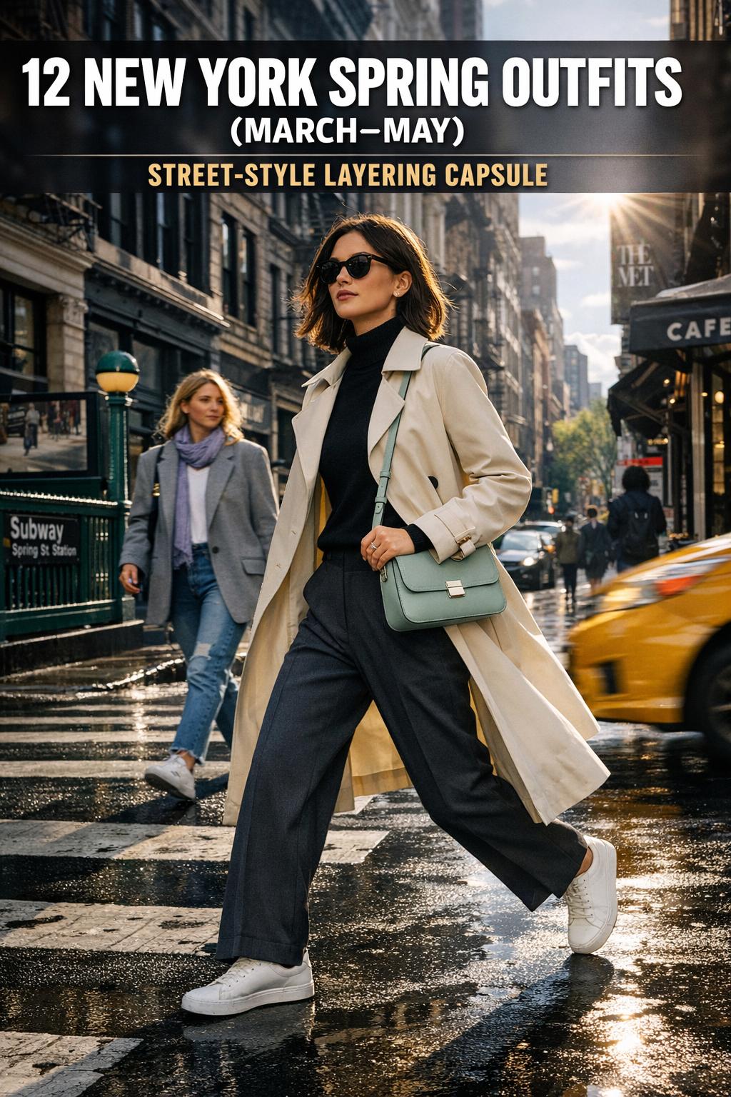 New York spring outfits on stylish woman walking a Manhattan street in soft daylight