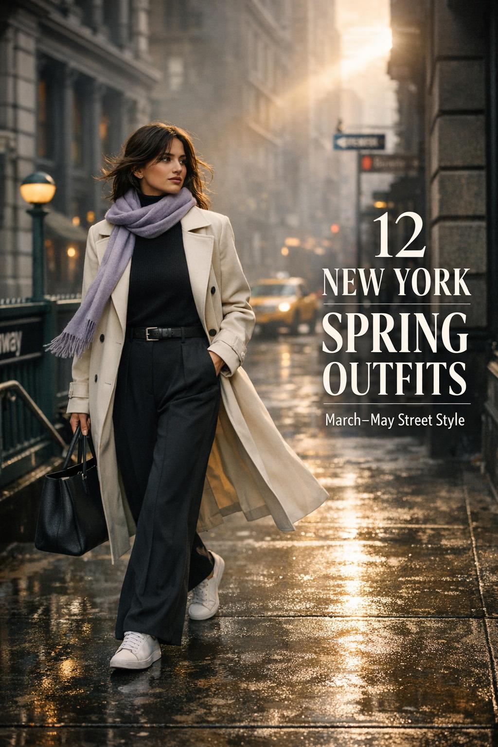 New york spring outfits street style photo of a woman in SoHo after rain, cream trench, black layers, white sneakers, subway stairs
