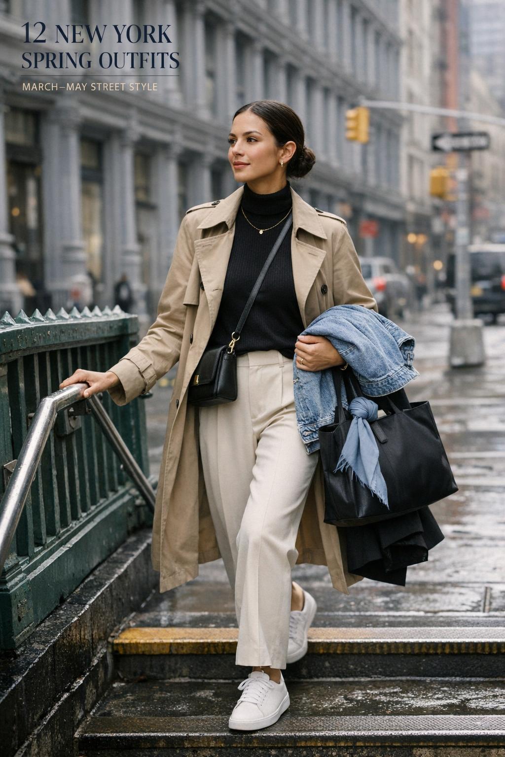New york spring outfits street style: woman in beige trench and cream trousers exiting a SoHo subway staircase in NYC