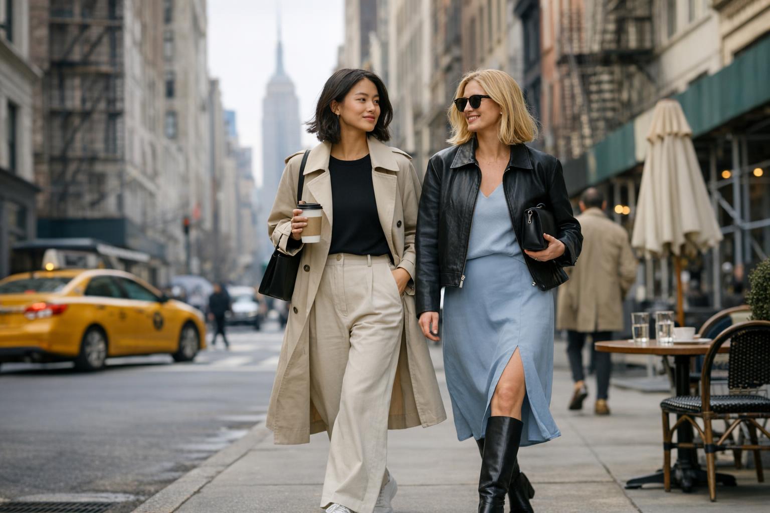New York spring outfits street style with trench coat, blazer, midi skirt and sneakers on a NYC sidewalk
