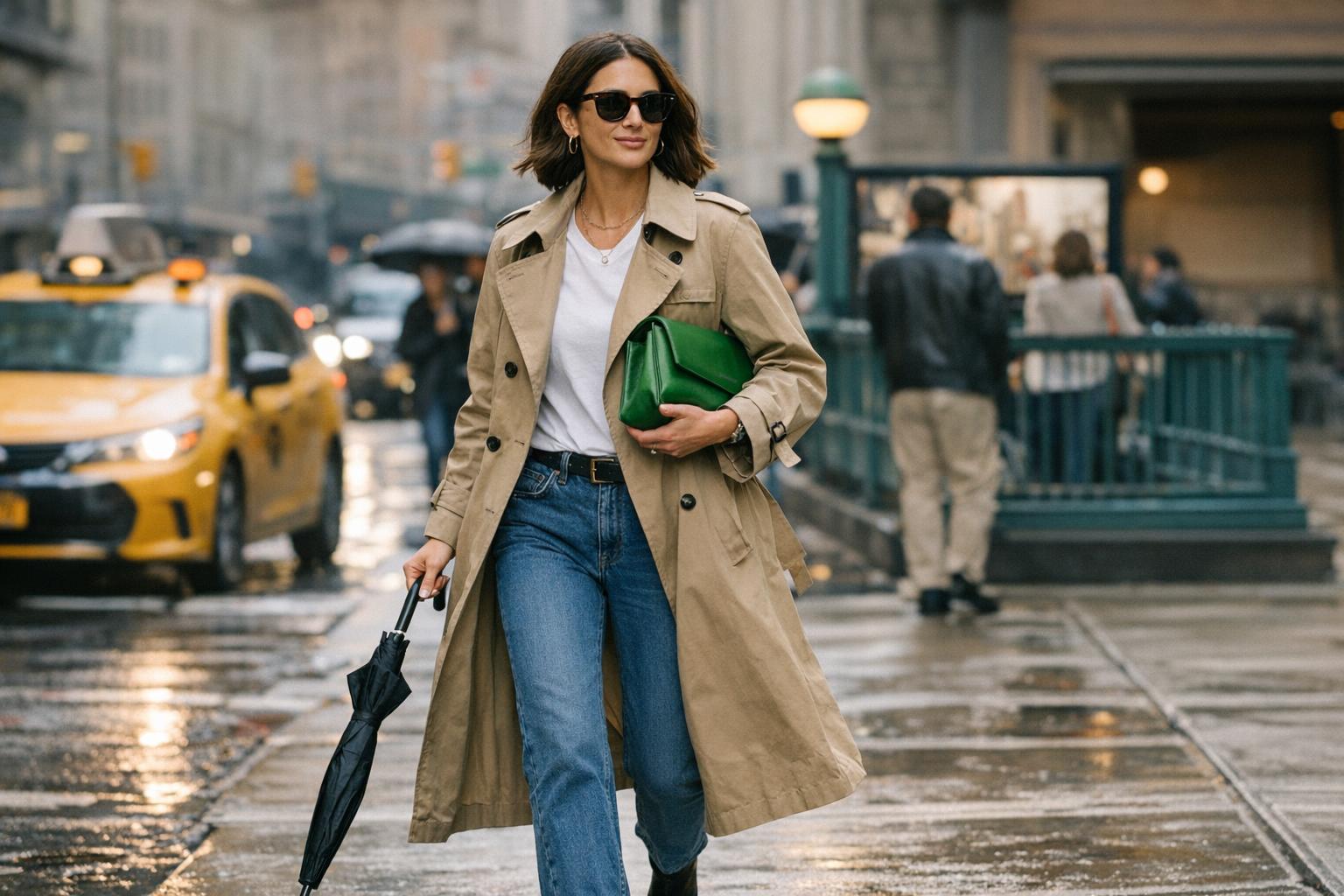 NY spring outfits street style featuring a belted trench coat, tee, tailored trousers, and loafers on a rainy-to-sunny day