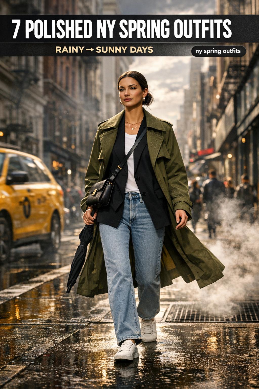 Street-style woman wearing ny spring outfits with a light trench coat and floral dress in a blooming city park.