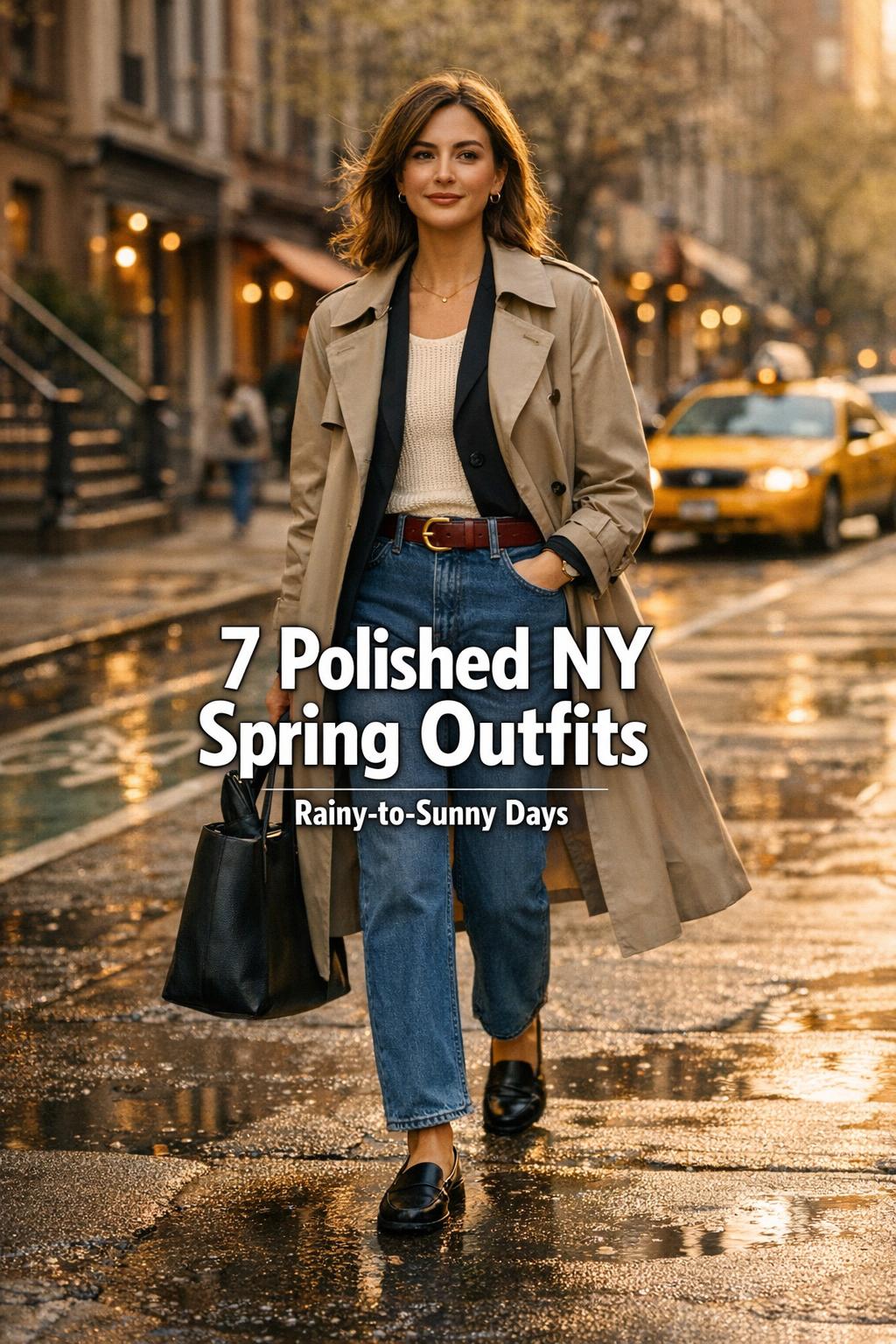 NY spring outfits street style woman in SoHo golden hour, trench coat and jeans on a damp NYC sidewalk with text overlay