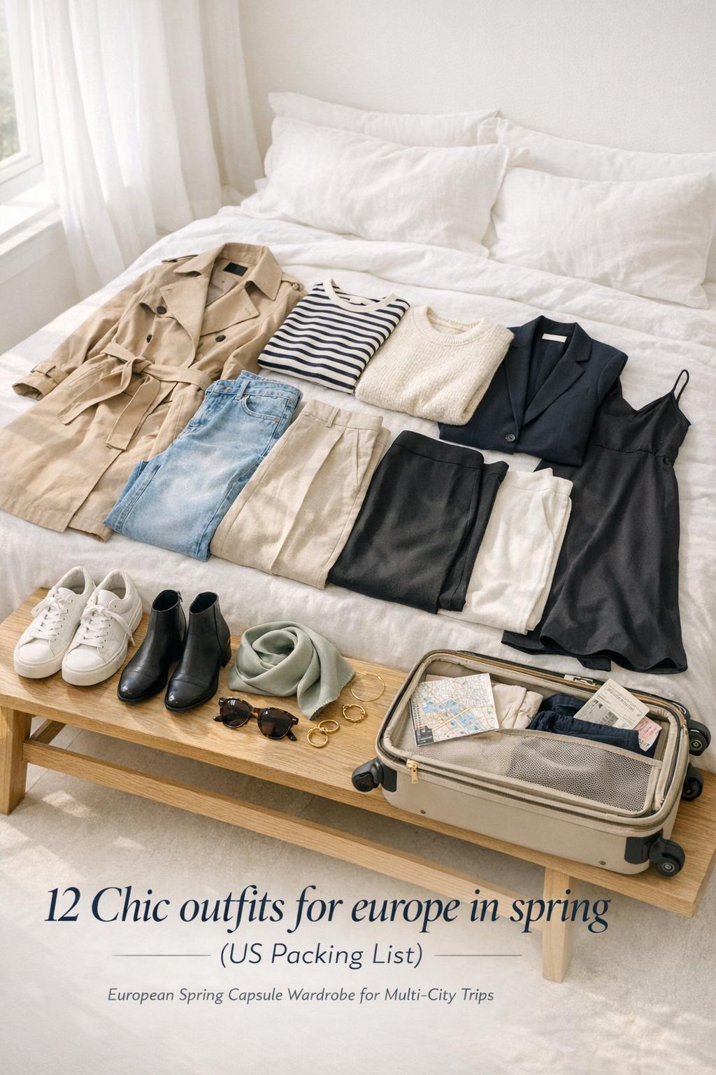 Outfits for europe in spring capsule wardrobe flat lay on white hotel bed with trench coat, denim, sneakers and travel cues