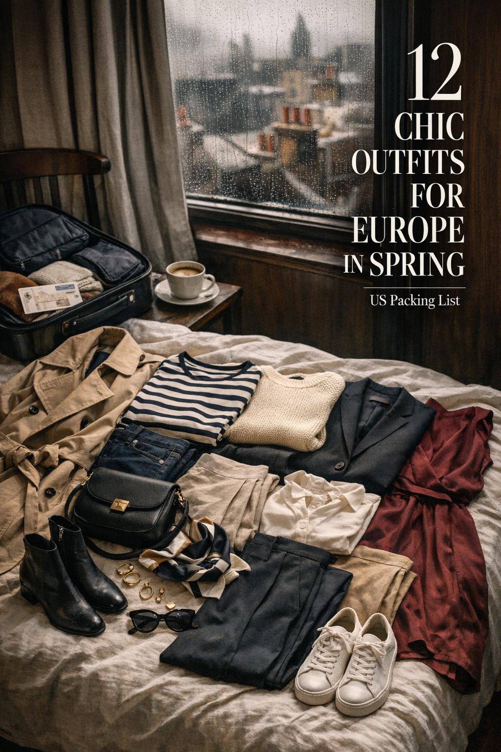 Outfits for Europe in spring flat lay with trench, blazer and accessories in a rainy boutique hotel room by the window