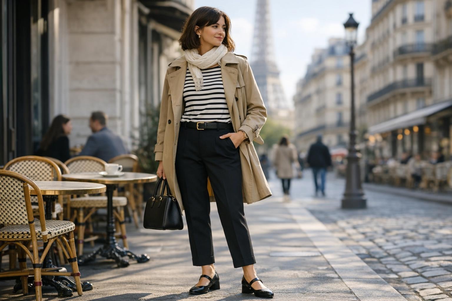 Outfits for Paris spring capsule with trench coat, striped top, tailored trousers and loafers for chic walkable style