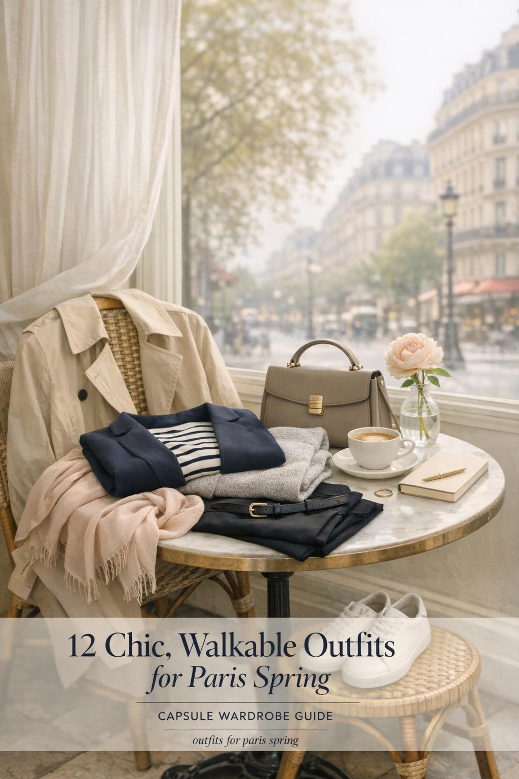 Outfits for Paris spring capsule wardrobe flat lay on café table by window with trench coat, blazer, scarf, loafers and coffee