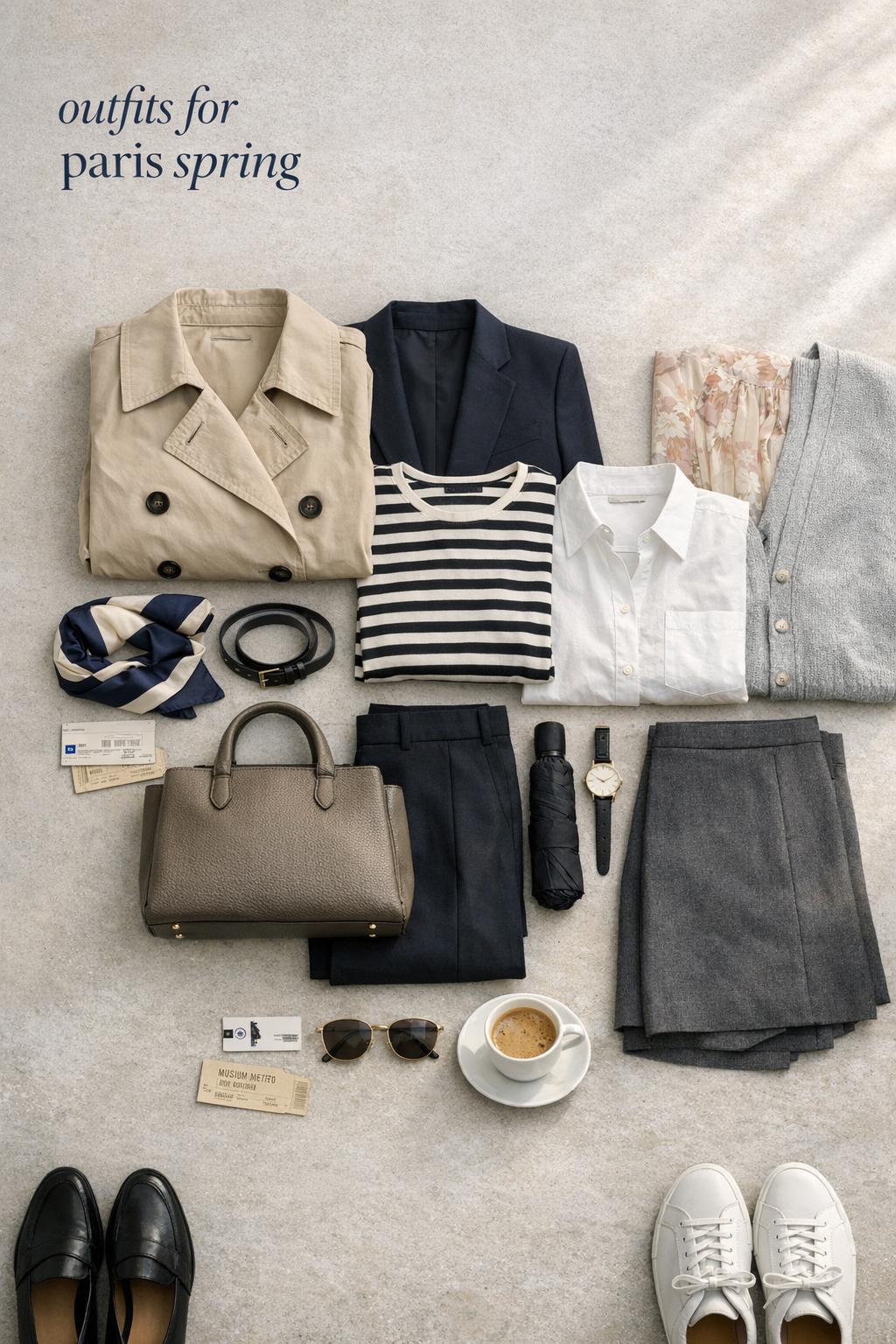 Outfits for Paris spring capsule wardrobe flat lay with trench coat, blazer, Breton top, loafers, and travel props