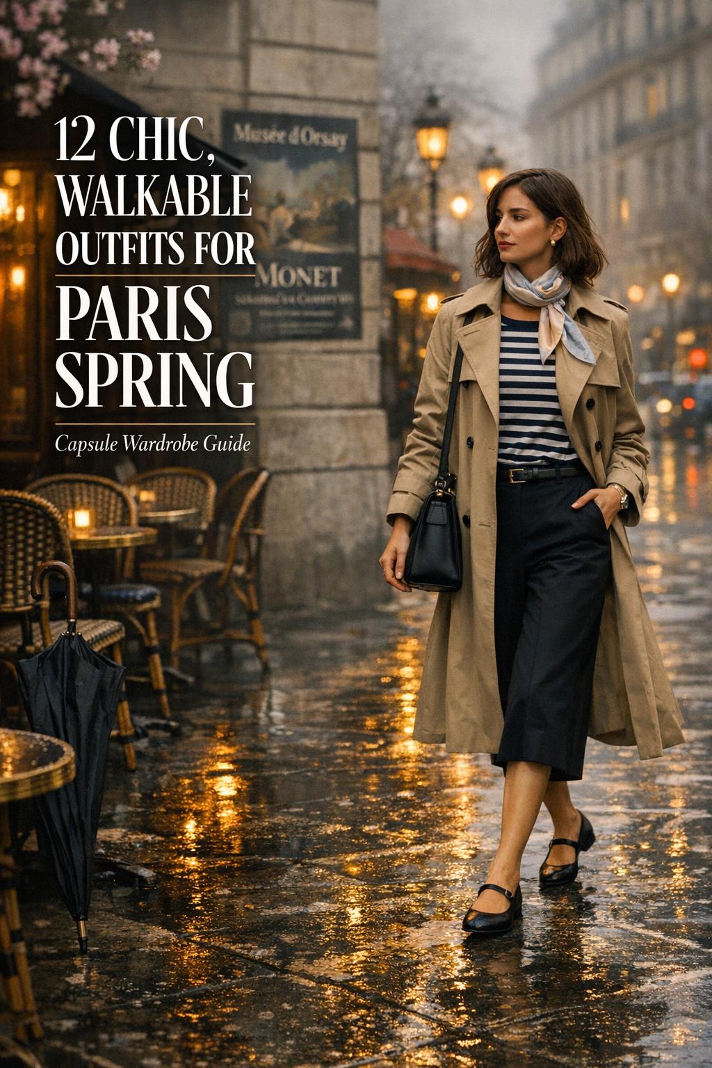 Outfits for Paris spring cover photo of a stylish woman in a beige trench on a wet Paris street with café glow