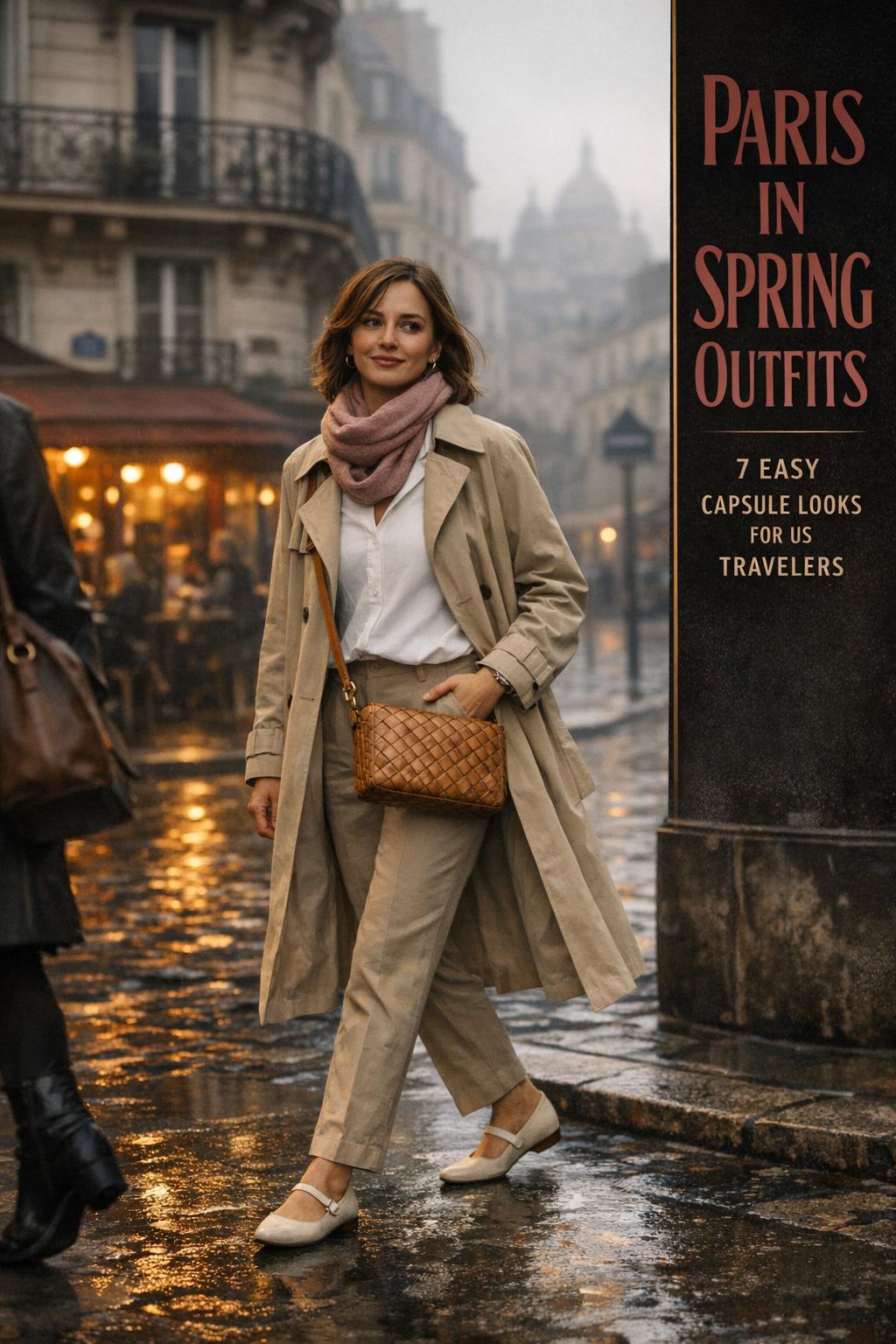 Paris in spring outfits: US traveler in beige trench coat walking Le Marais after rain with café glow and mist