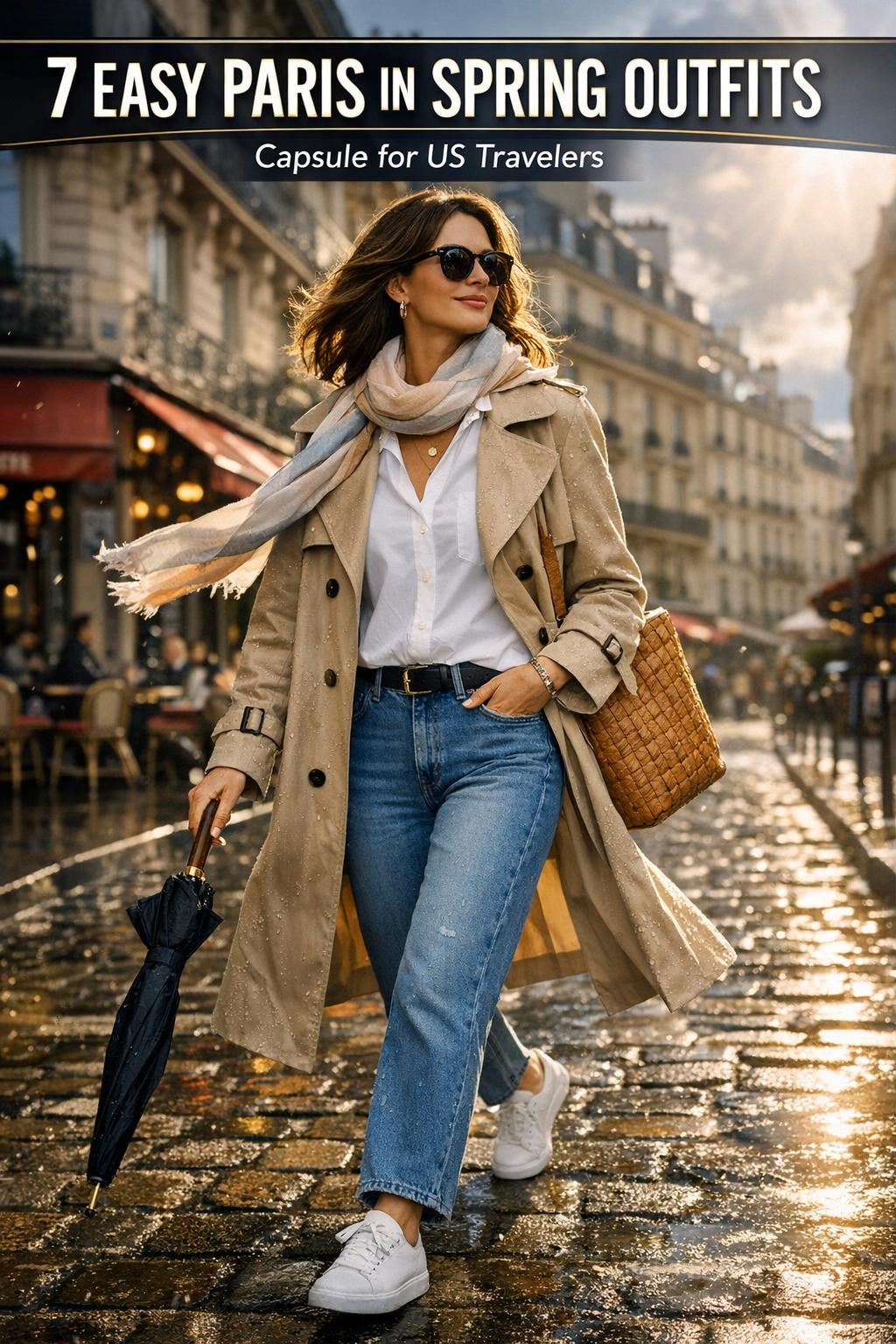 Street style photo of paris in spring outfits with trench coat, floral dress, and light layers near the Eiffel Tower.