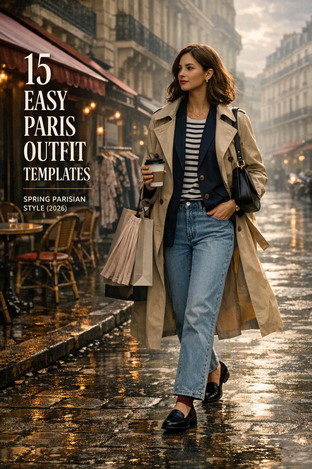 Paris outfits spring Parisian style editorial photo of woman in trench coat on wet Paris street with film-poster text