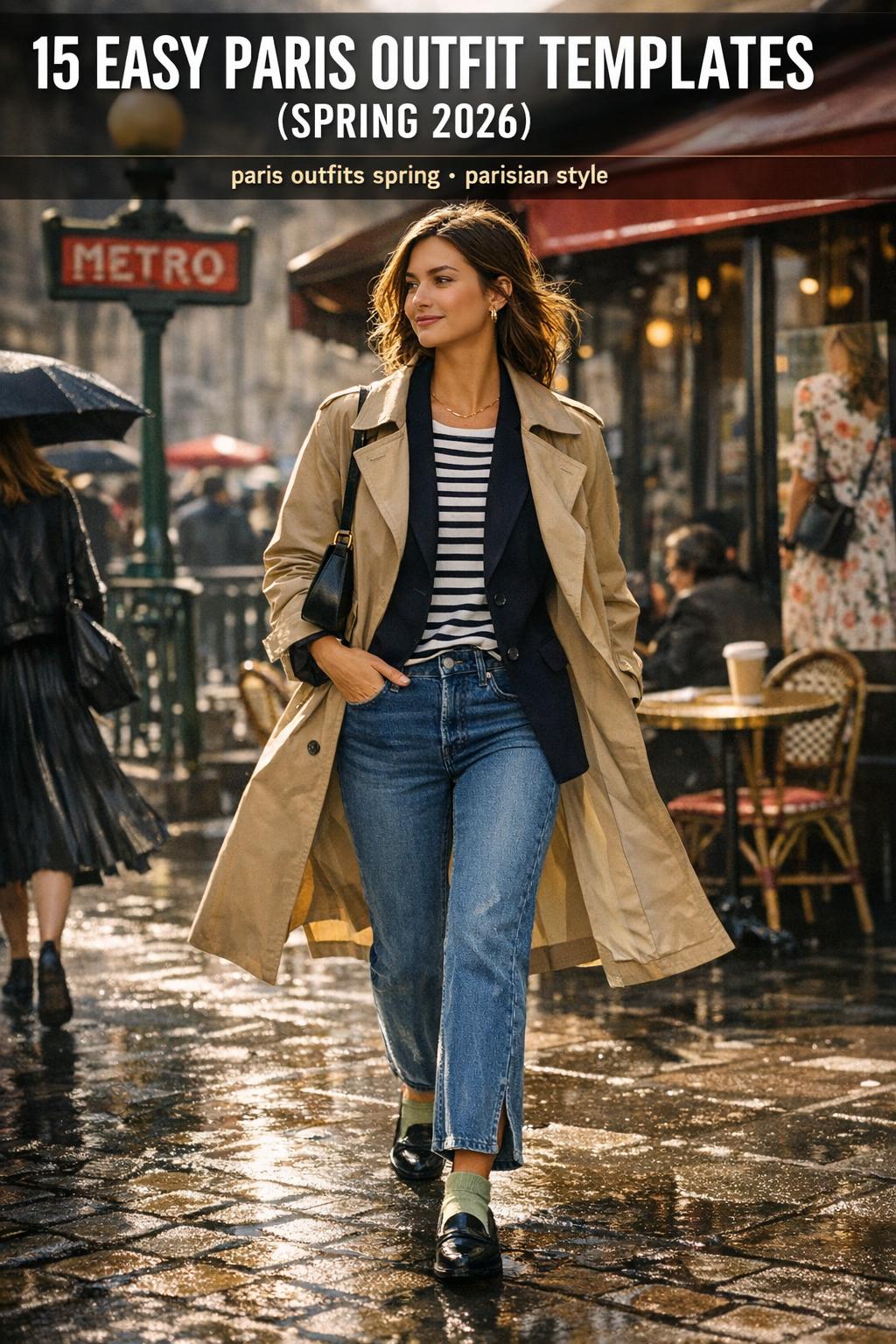 Paris outfits spring with chic parisian style on a stylish woman walking past classic Haussmann buildings