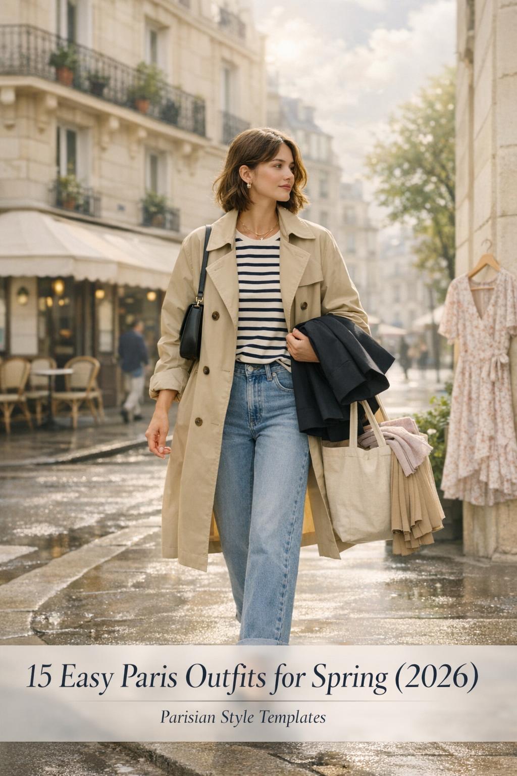 Paris outfits spring Parisian style: chic woman in beige trench on a bright Paris street near a cafe after light drizzle