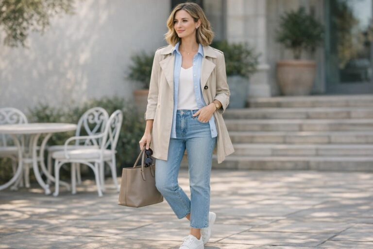 Polished spring tone outfits with light layers, neutral base, and one fresh accent for changeable US weather