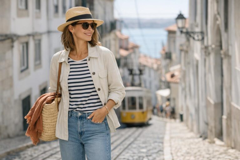Portugal outfits spring capsule wardrobe with striped top, cropped jeans, and light jacket for Lisbon walks