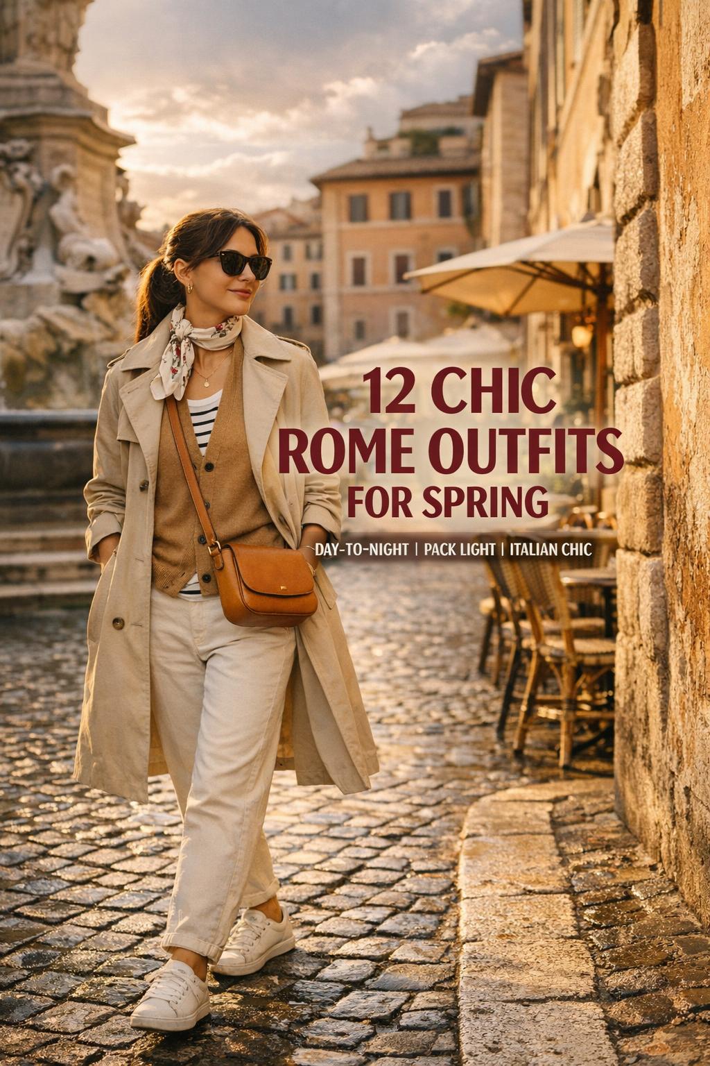 Rome outfits spring: stylish woman in trench coat walking a sunlit cobblestone street near a fountain at golden hour
